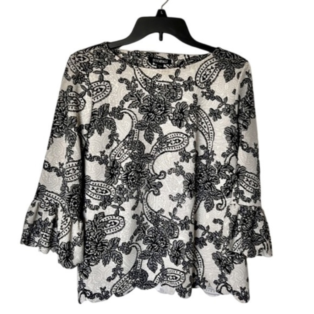 Roz & Ali Cream and Black Paisley top. Size large petite.